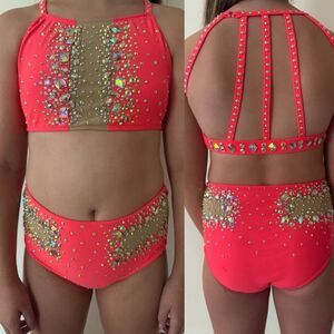 Glamour solo dance costume coral orange neon 2 piece embellished bling XLC child